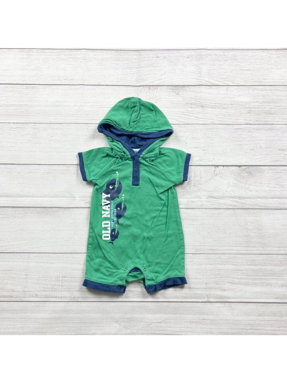 Old Navy Baby Green Hooded Henley Romper Fish Print 3-6 Months